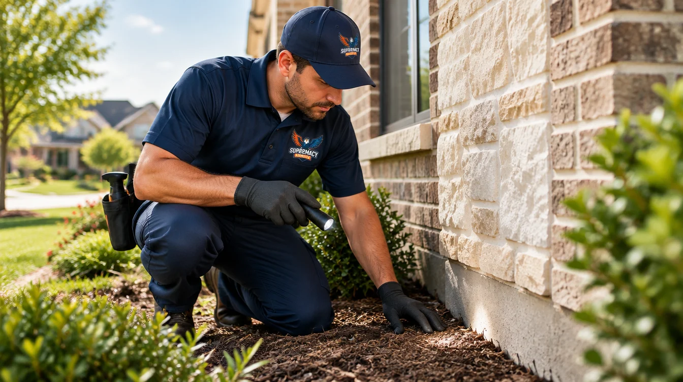 Pest control technician inspecting the exterior of a North Texas home for pest activity and entry points.