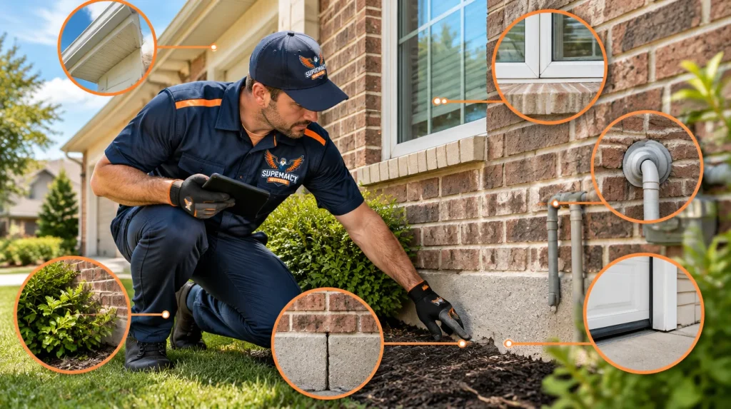 Supremacy Services technician inspecting foundation gaps, utility penetrations and exterior pest entry points around a Dallas-area home.