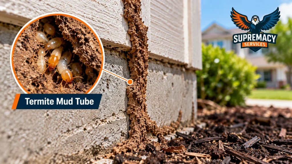 Subterranean termite mud tube running from soil onto a home foundation with termites shown close up