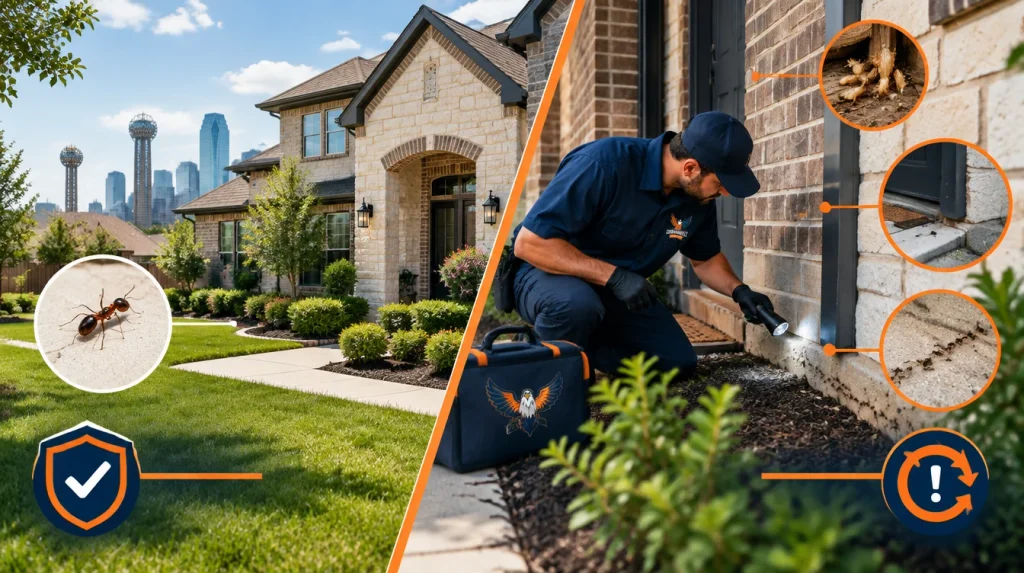 Pest control inspection comparing an isolated pest sighting with recurring pest activity around a North Texas home.