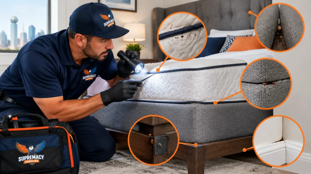 Pest-control technician inspecting mattress seams, bed-frame joints and headboard crevices for bed bug activity