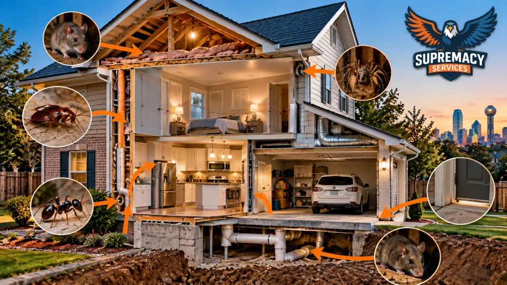 Cutaway of a home showing attic, wall, garage and plumbing areas where pests can find shelter.