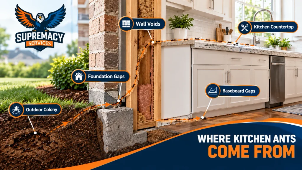 Cutaway diagram showing ants traveling from an outdoor colony through foundation gaps and wall voids into a kitchen.