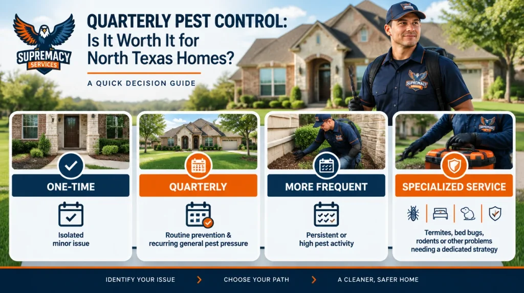 Pest control frequency guide comparing one-time, quarterly, more frequent and specialized pest services for homeowners.
