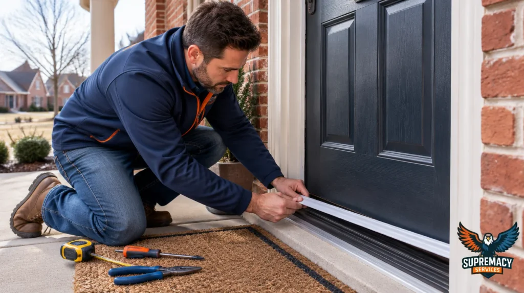 North Texas homeowner installing weatherstripping along an exterior door to seal gaps and help prevent winter pest entry.