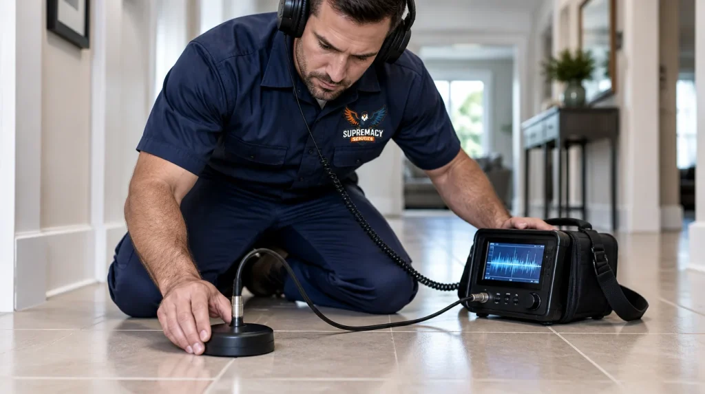Plumber using an electronic acoustic ground microphone to investigate a hidden water leak beneath the tile flooring of a residential home.
