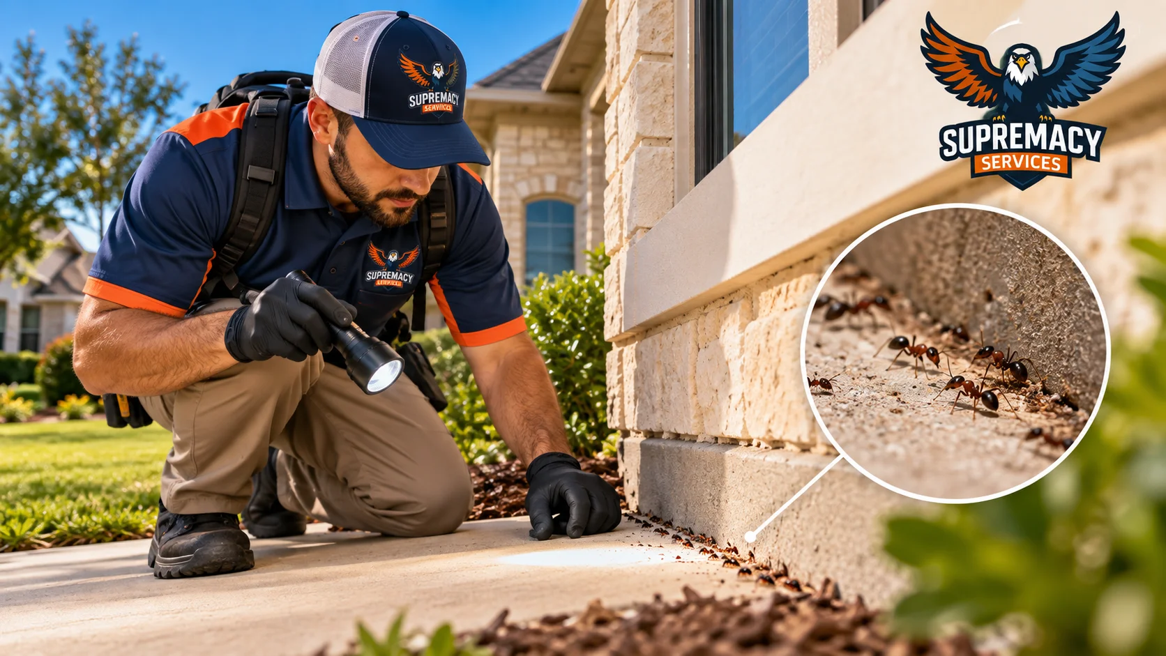 Supremacy Services technician inspecting ants along a home foundation in North Texas
