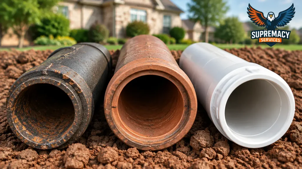 Comparison of cast iron, clay, and PVC sewer pipes commonly found in older and newer North Texas homes.