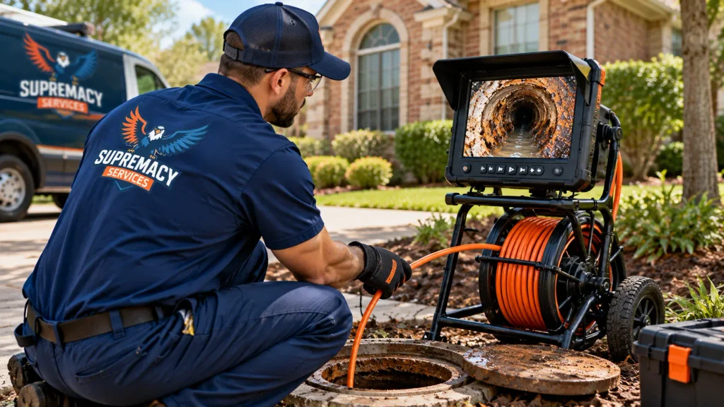 Supremacy Services plumbing technician using a sewer inspection camera to examine an older cast iron drain line at a Dallas home.