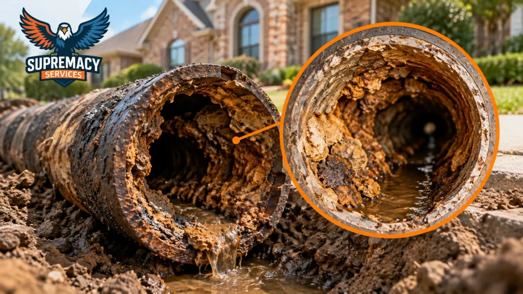 Close-up of a deteriorated cast iron sewer pipe showing heavy internal rust deposits and restricted wastewater flow.