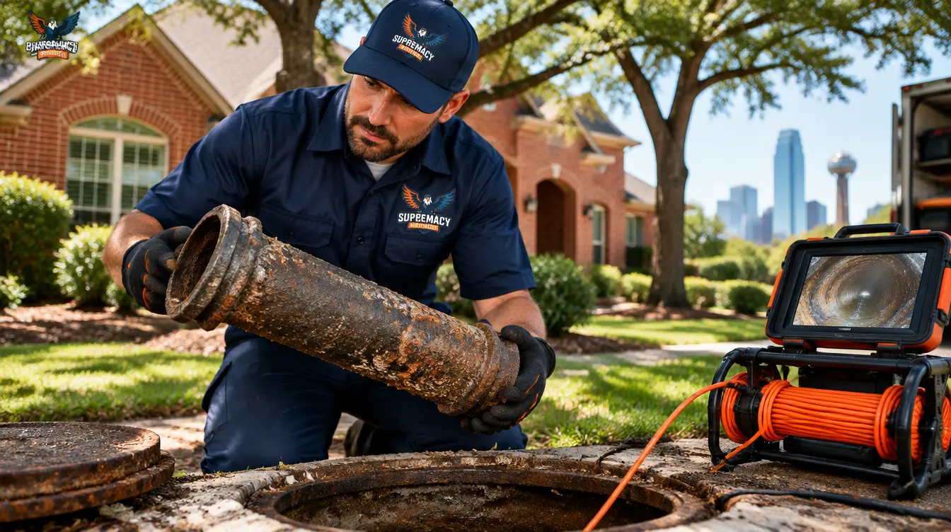 Professional plumber inspecting an aging cast iron sewer pipe outside an older Dallas home.