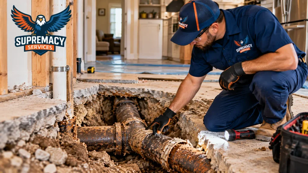Supremacy Services plumber inspecting corroded cast iron sewer pipes exposed beneath a concrete slab inside an older Dallas home.