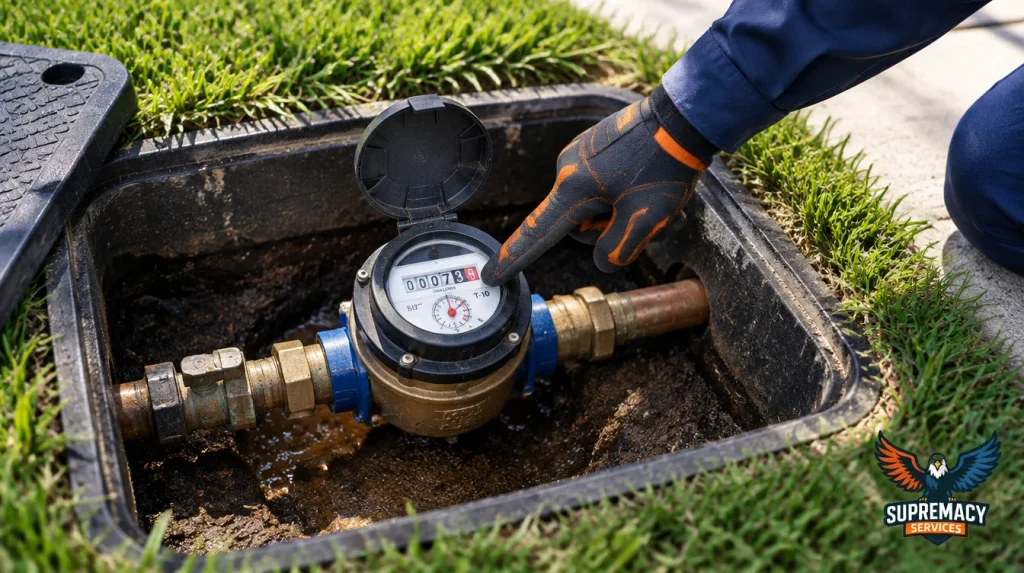 Plumbing technician inspecting a residential water meter and pipe connections for signs of an underground water leak