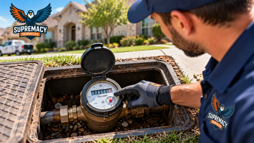 Supremacy Services plumbing technician inspecting a residential water meter to investigate unexplained water consumption.