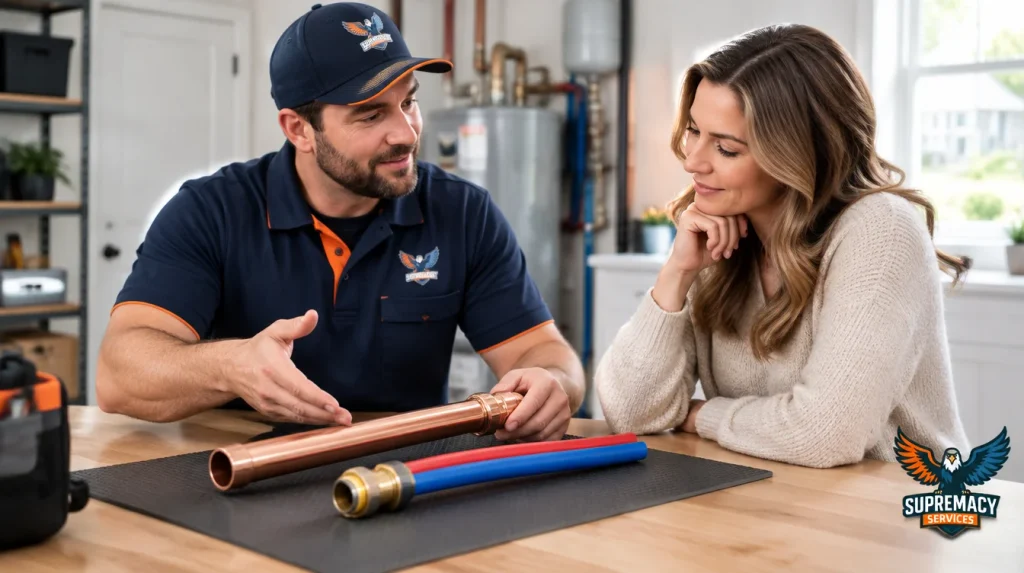 Professional plumber helping a Dallas homeowner compare copper and PEX water pipes for residential plumbing.