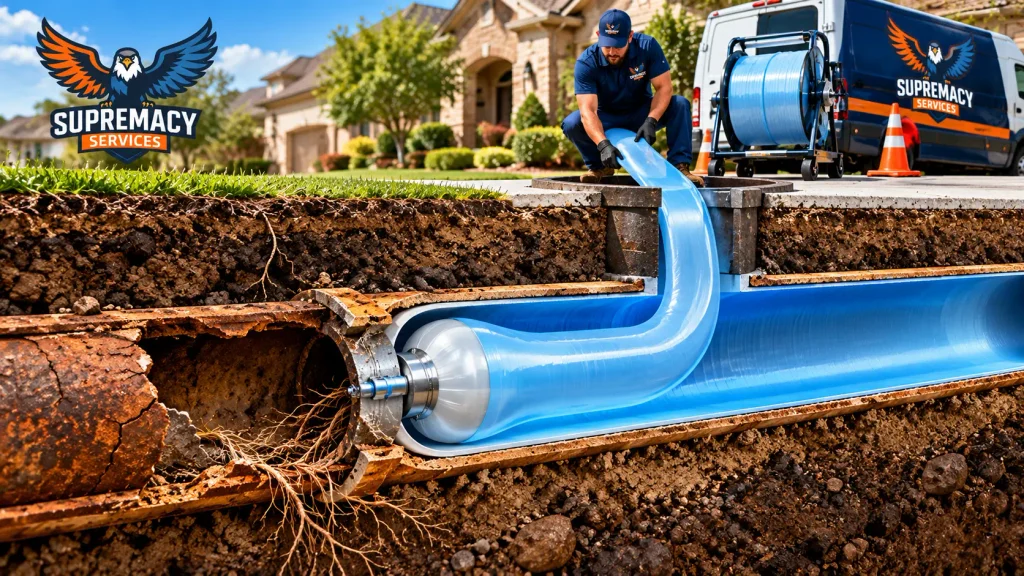 Underground cutaway illustrating a blue CIPP liner being installed inside an existing damaged sewer pipe.