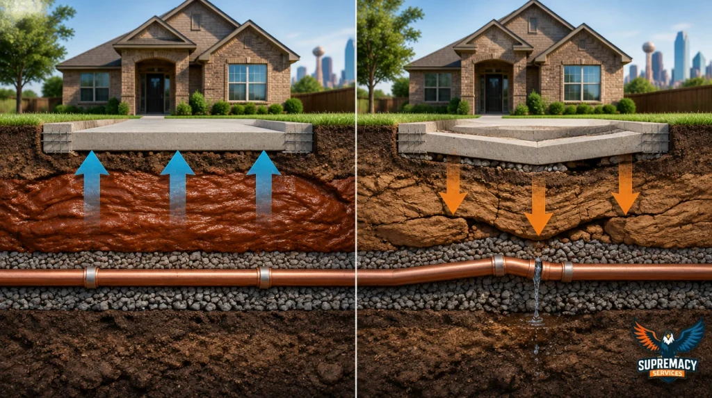 Cross-section showing wet and dry clay soil movement stressing copper water pipes beneath a concrete slab foundation.