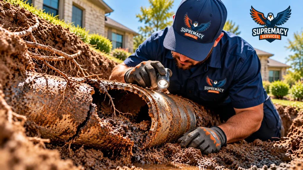 Plumbing technician inspecting a severely corroded underground sewer pipe with broken walls and tree root intrusion.
