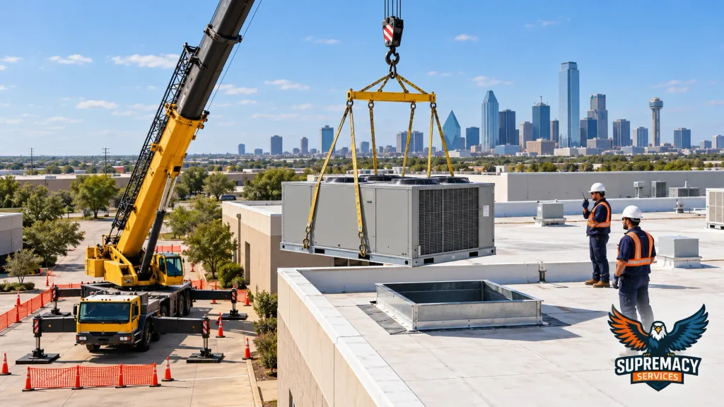 Commercial rooftop HVAC unit being lifted by crane onto a Dallas building while technicians coordinate the installation.