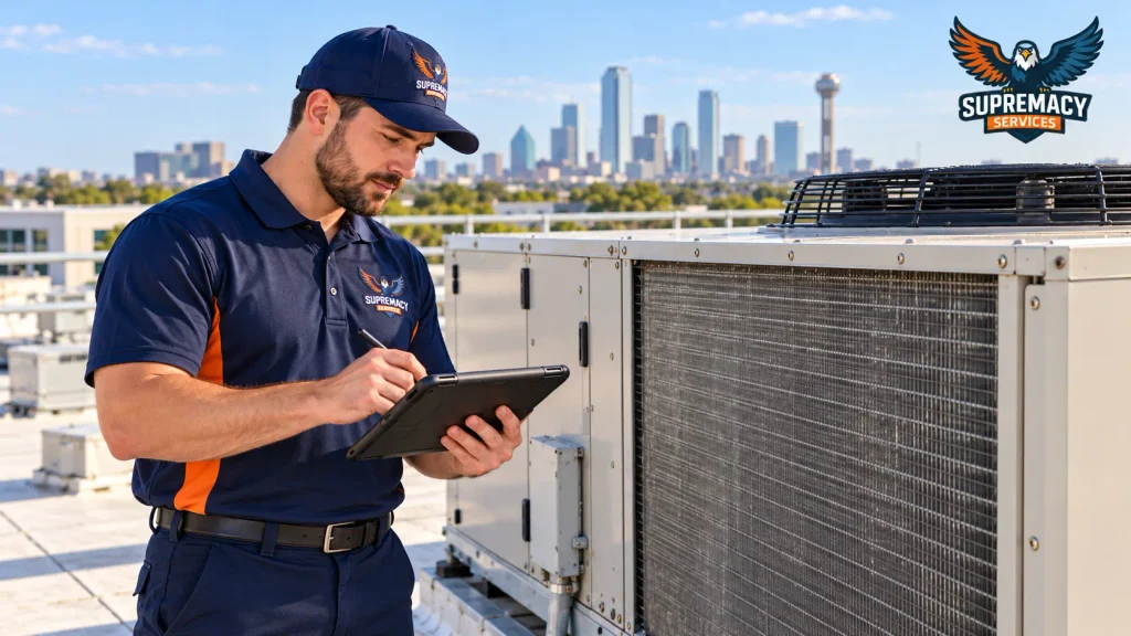 Technician recording inspection findings on a tablet beside the condenser coil of a commercial rooftop HVAC unit.