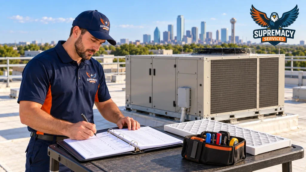 Technician updating an HVAC maintenance log beside a replacement air filter and inspection tools, with a rooftop unit behind him.