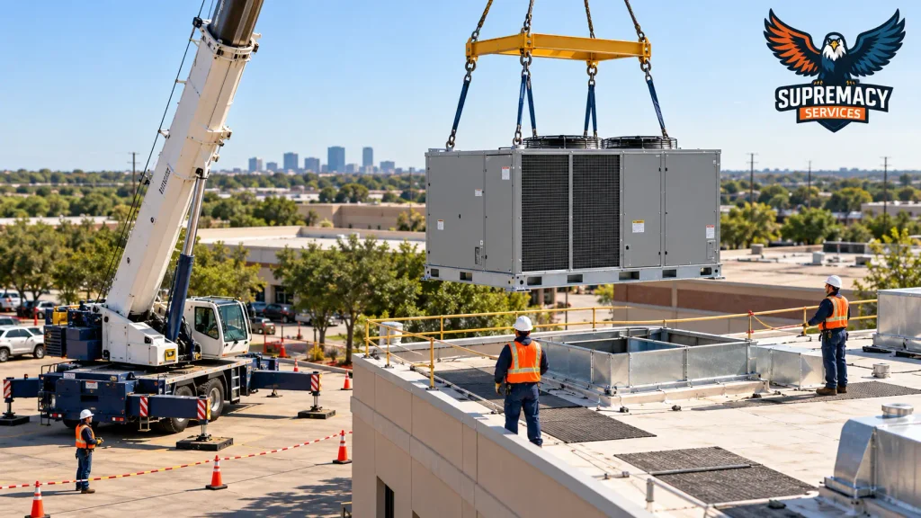 Crane lifting a packaged HVAC unit above a commercial roof, with workers, a roof curb, and a marked staging area visible.