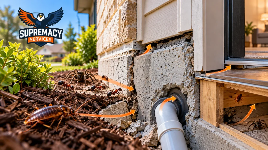 Ants, cockroaches and spiders approaching cracks, utility pipe openings and gaps around a home's foundation.
