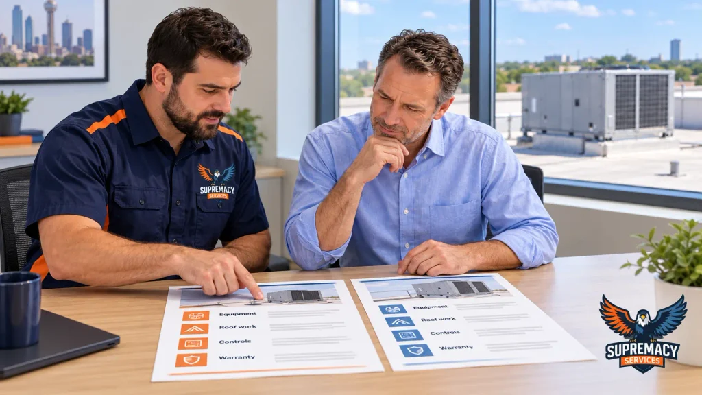 Supremacy Services technician and property owner comparing two rooftop HVAC replacement proposals covering equipment, roof work, controls and warranty.