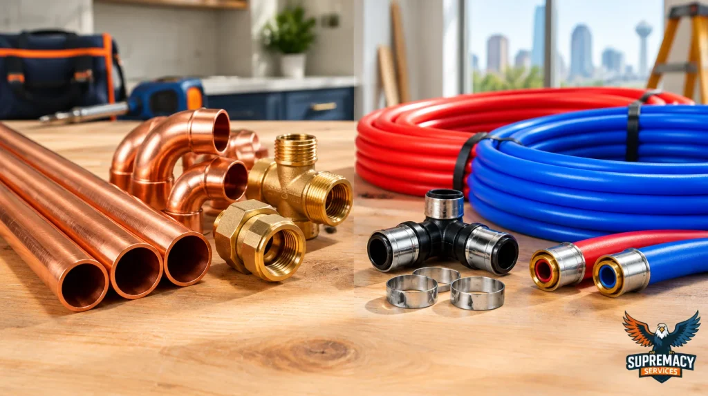 Copper plumbing pipes and fittings compared with flexible red and blue PEX tubing and connectors.