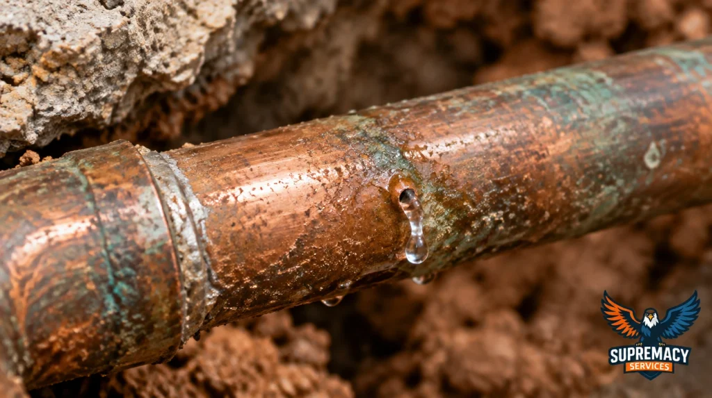 Close-up of a damaged copper water pipe showing corrosion and a small pinhole leak.