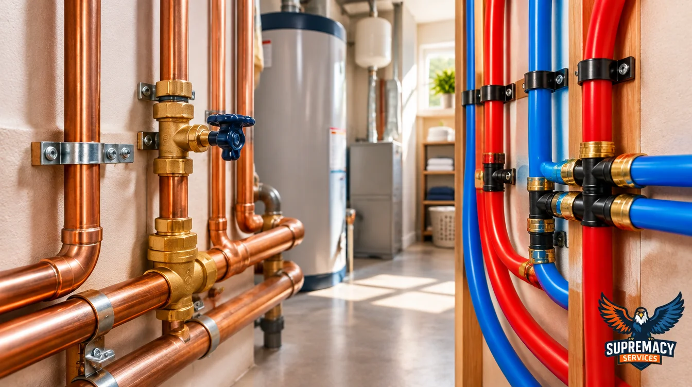 Copper and red and blue PEX water pipes compared for residential plumbing in Dallas, Texas.