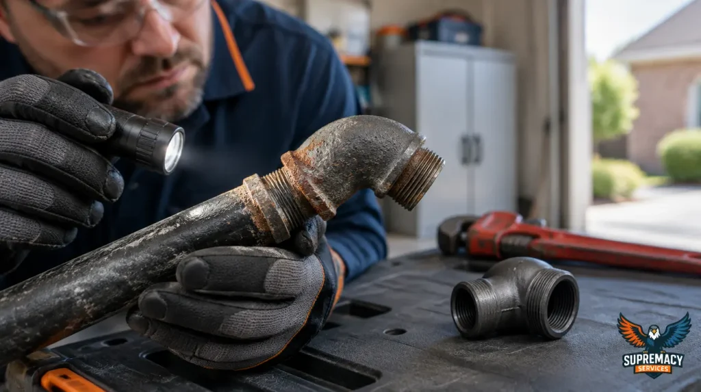 Gloved technician examining a corroded threaded pipe fitting with a flashlight above a workbench.