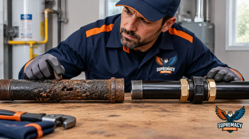 Comparison of heavily corroded residential steel gas piping and new replacement piping showing when gas line replacement may be necessary.