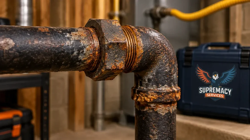 Rust and corrosion around an older residential steel gas pipe connection.