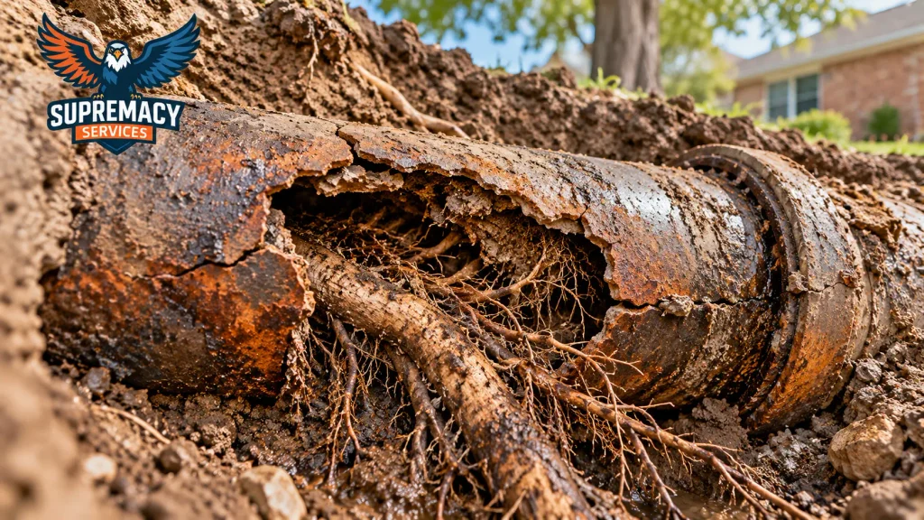 Severely corroded underground cast iron sewer pipe with a large crack and tree roots growing through the damaged section.