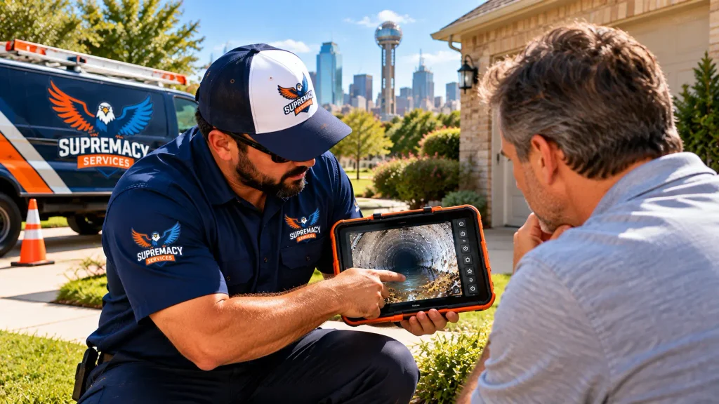 Supremacy Services plumber explaining sewer camera inspection findings and repair options to a Dallas homeowner.
