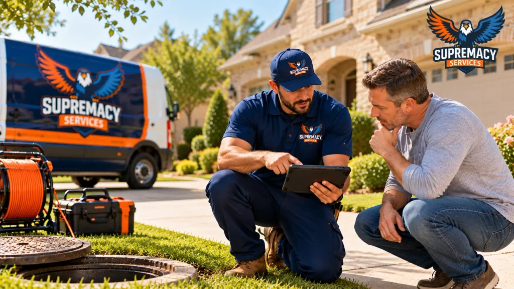 Supremacy Services plumbing technician discussing sewer repair options and an estimate with a Dallas homeowner.
