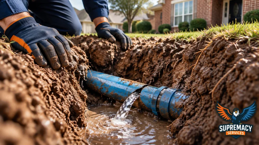 Damaged underground residential water supply pipe leaking water into exposed clay soil in a Dallas yard.