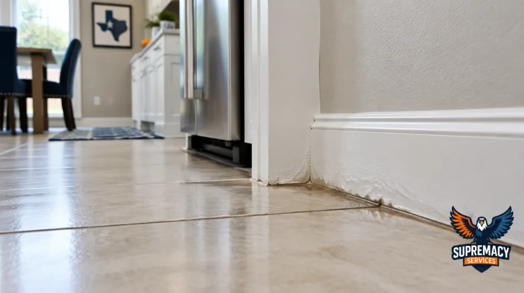Dallas home interior showing damp floor tiles, discolored grout, and moisture damage near a baseboard.