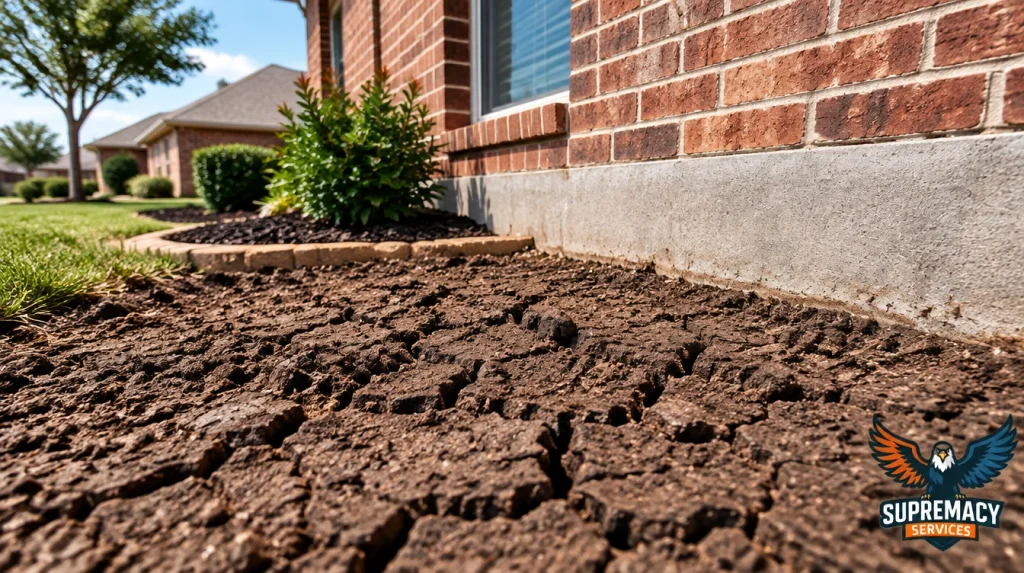 Dry, cracked expansive clay soil beside a brick home foundation in North Texas.