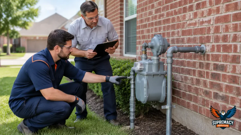 Two plumbing professionals examining an exterior gas meter and piping beside a brick house.