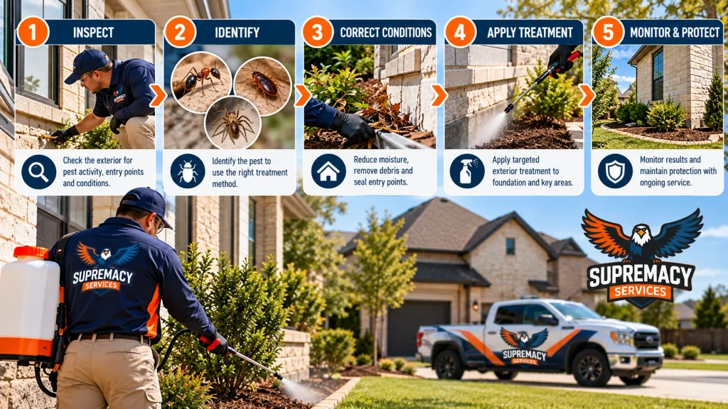 Five-step perimeter pest-control process showing inspection, pest identification, prevention, targeted treatment and monitoring.