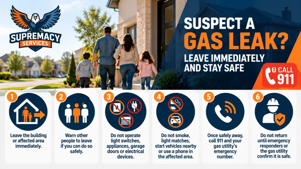 Supremacy Services gas leak safety infographic showing evacuation, avoiding ignition sources, calling 911, and waiting for official clearance.