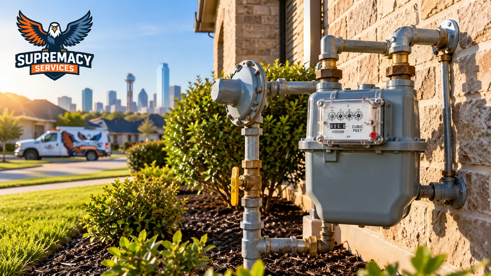 Residential natural gas meter and exterior gas piping beside a brick home in Dallas, Texas.