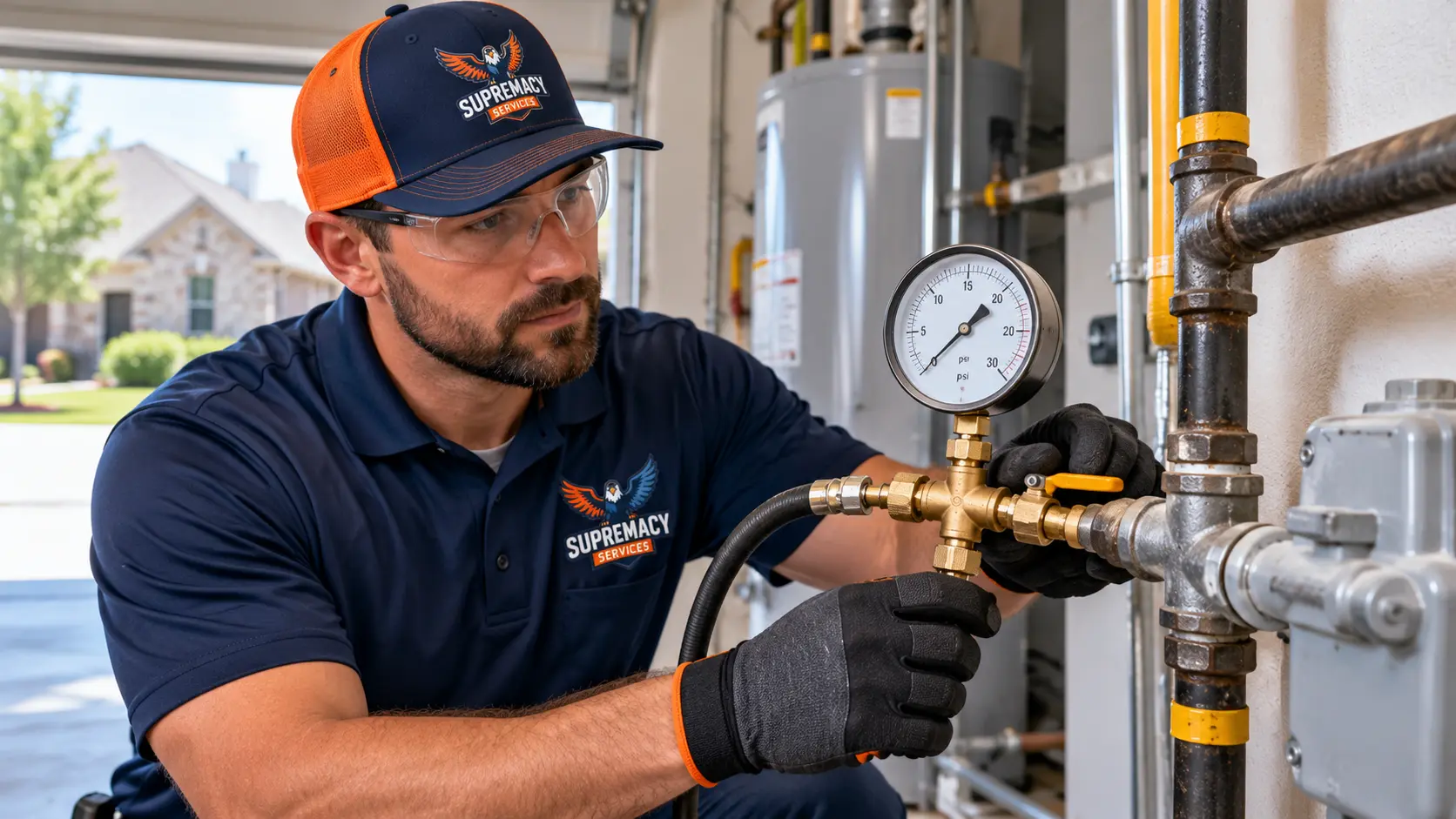 Technician in Supremacy Services workwear checking a pressure gauge connected to residential gas piping.