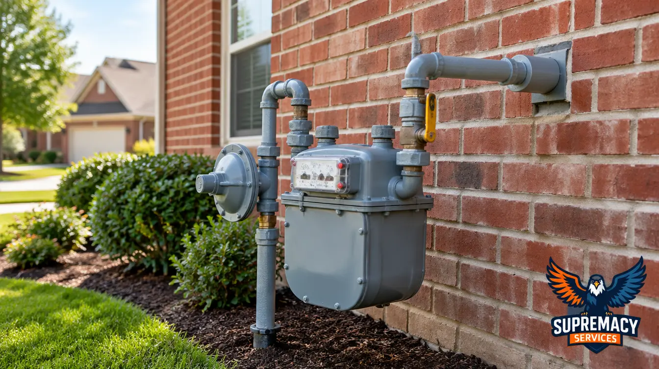 Natural gas meter and exterior gas piping installed beside a brick residential home in Dallas, Texas.