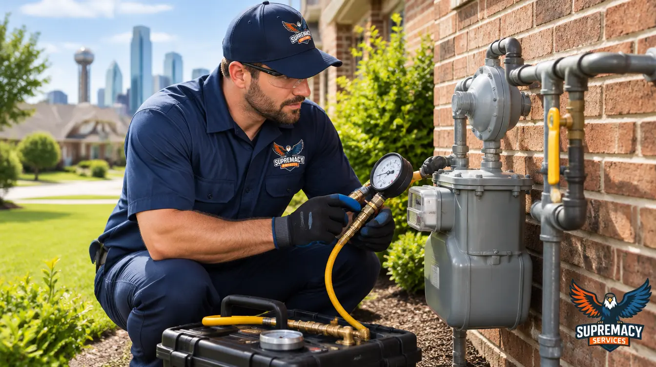 Professional plumber inspecting residential gas piping outside a Dallas, Texas home to assess repair or replacement needs.