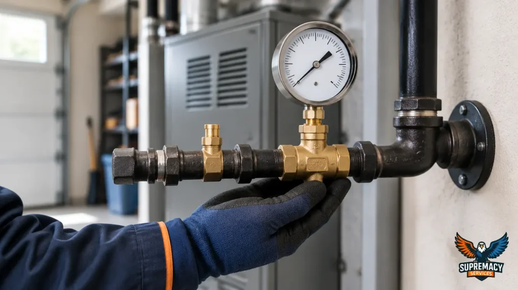 Close-up of a pressure test gauge and brass fittings attached to black iron gas piping.