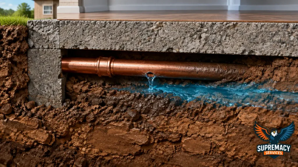 Underground copper water pipe leaking into clay soil beneath a concrete slab without visible water on the floor.