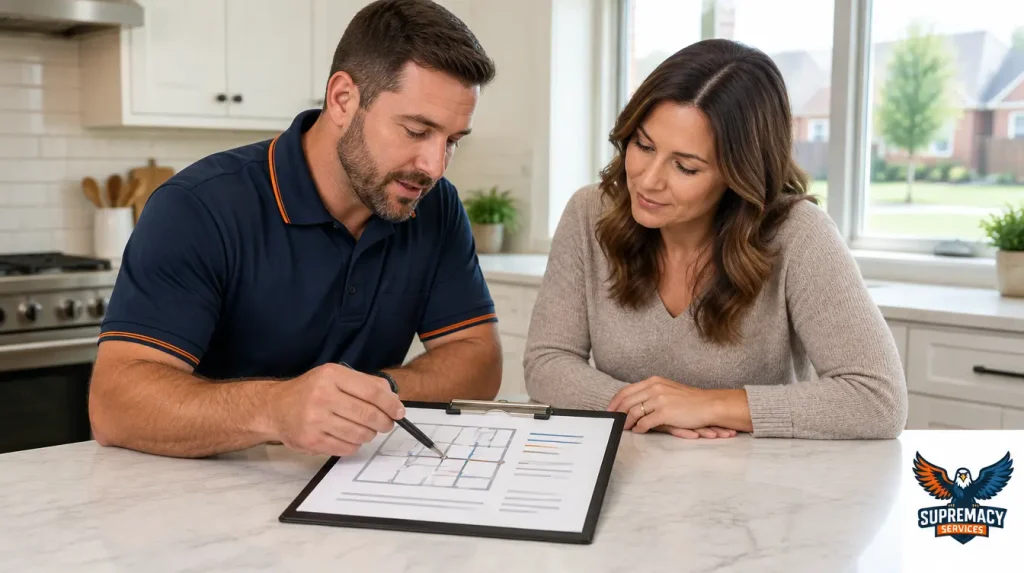 Plumber and homeowner reviewing gas piping inspection paperwork together at a kitchen island.